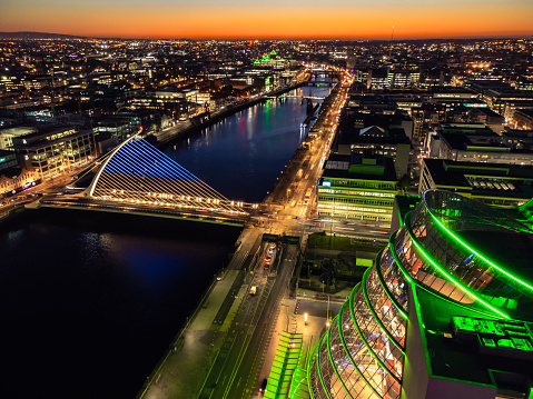 Dublin's docklands and the River Liffey illuminated at night